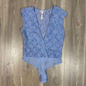 Free People Periwinkle Sheer Low Cut Floral Bodysuit w/ Rosette Details - SIZE M